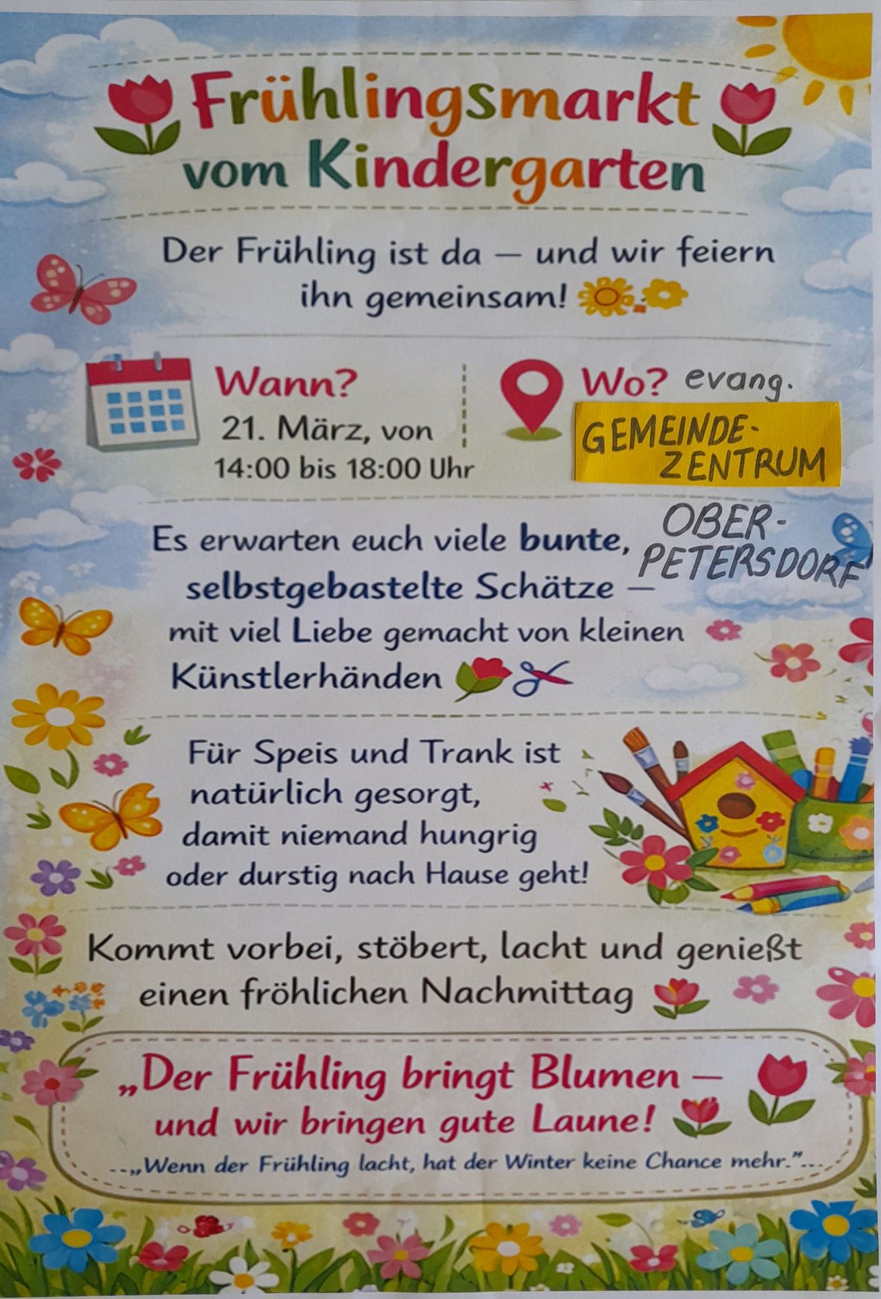 Eine Einladung zu einer Frühlingsveranstaltung im Gemeindezentrum mit verschiedenen selbstgemachten Dekorationen und Aktivitäten. Essen und Getränke sind vorhanden.