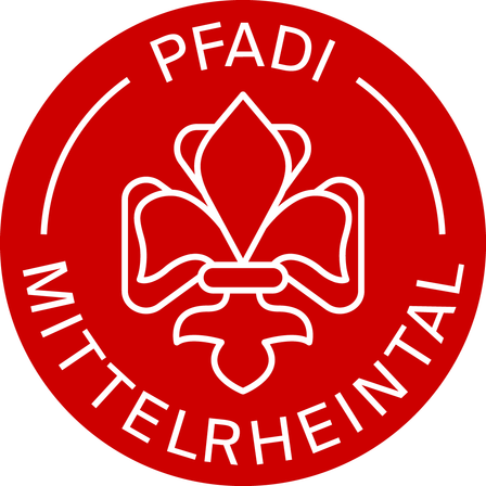 Das Bild zeigt ein Logo für die Organisation PFADI Mittelrheintal, das eine stilisierte Lilie und den Text in einem roten Kreis enthält.