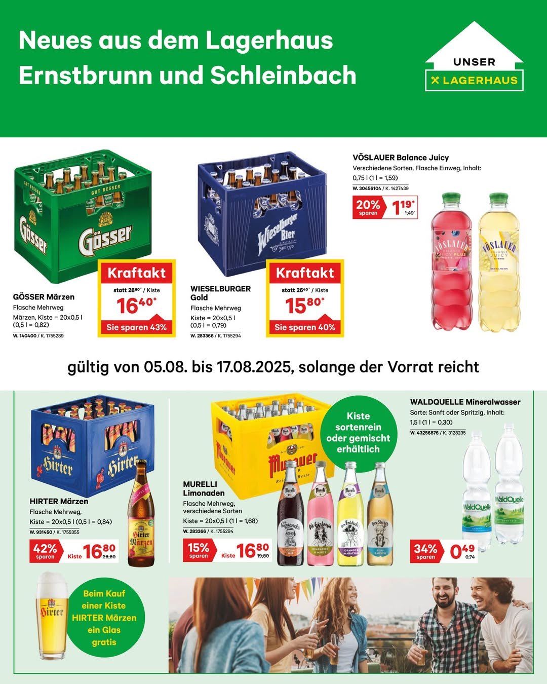Werbeflyer für Bier und Erfrischungsgetränke. Angebote umfassen Gösser und Weisburger Bier in Krätzen und Einzelflaschen. Einsparungen bis zu 43% werden beworben. Verschiedene Getränke und Rabatte werden hervorgehoben. Gültig vom 05.08. bis 17.08.2025, solange der Vorrat reicht.