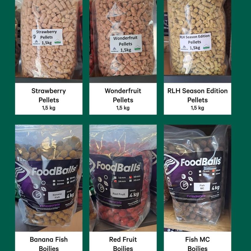 Verschiedene Beutel mit Fischfutterpellets und Boilies in unterschiedlichen Geschmacksrichtungen und Größen. Jeder Beutel enthält 1,5 kg oder 4 kg Produkt. Die Etiketten zeigen die Art und das Gewicht an.