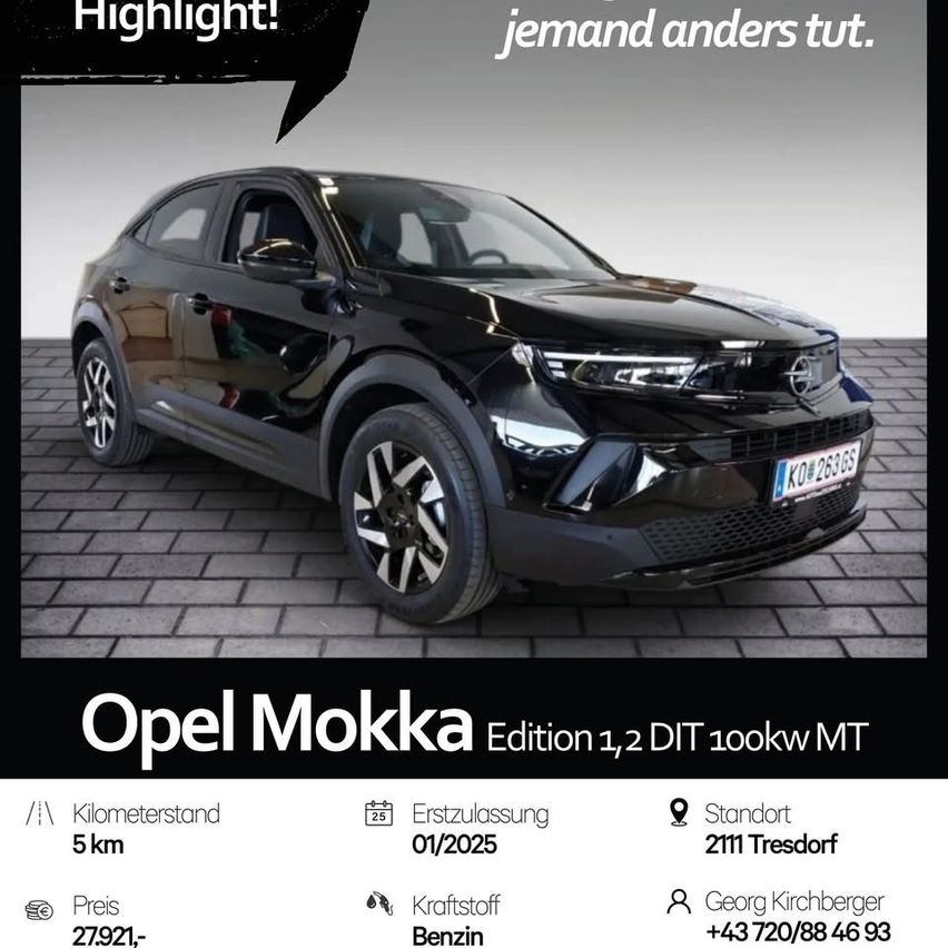 Schwarzer Opel Mokka mit dem Kennzeichen KW 263 GS. Er hat eine Laufleistung von 5 km, wurde im Januar 2025 hergestellt und befindet sich derzeit in 2111 Tresdorf.