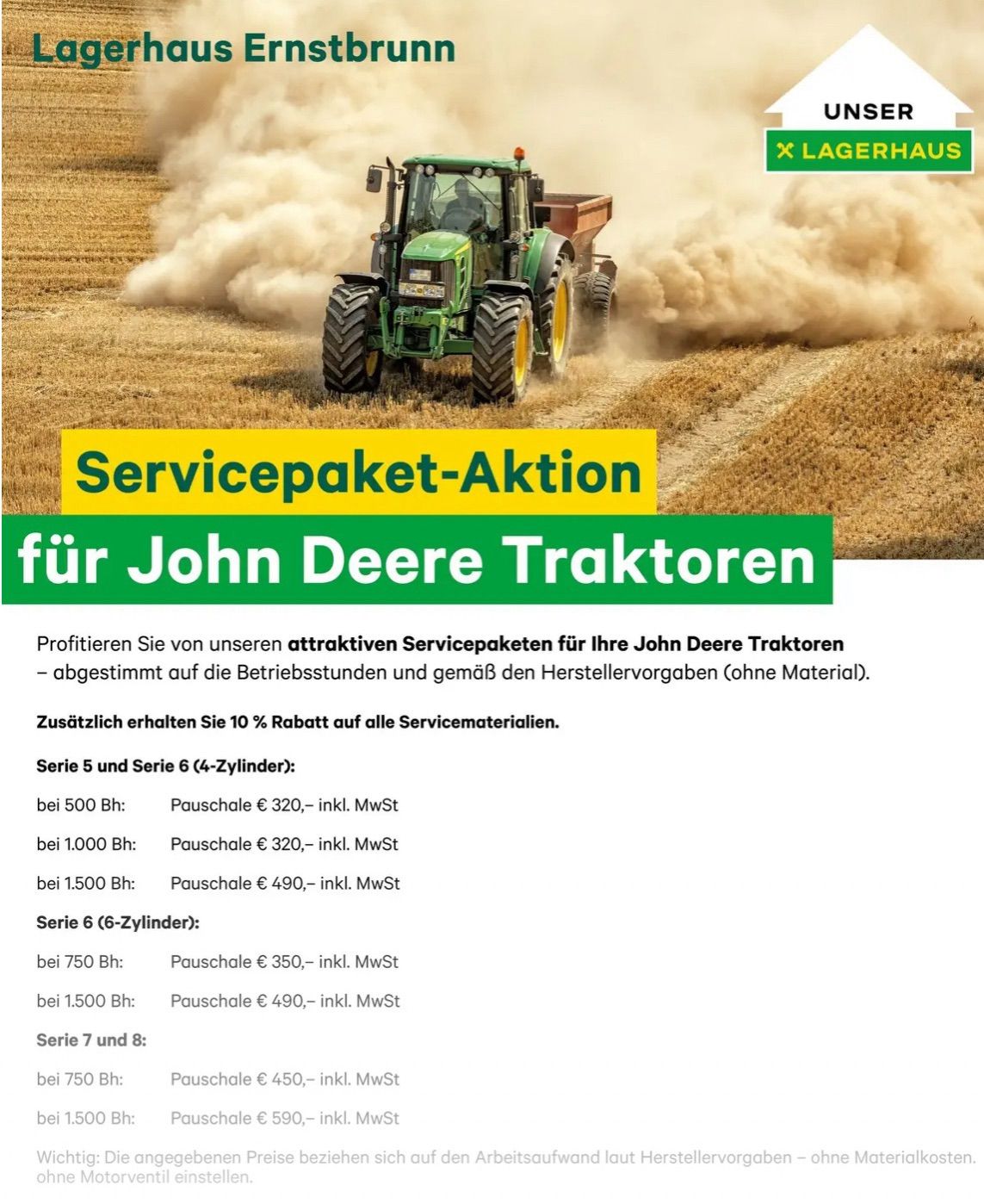 Eine Werbung für Servicepakete für John Deere Traktoren, einschließlich Rabatten auf Materialien. Der Traktor pflüget ein Feld, mit einem grünen Traktor im Vordergrund und Staub im Hintergrund.
