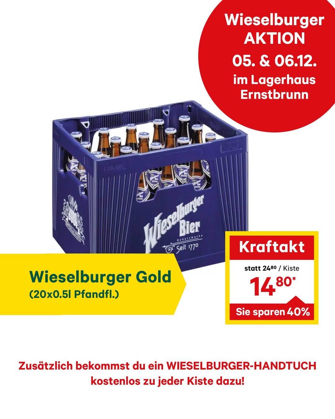 Ein blauer Kasten gefüllt mit Flaschen Wieselburger Gold Bier, mit einem Rabattangebot auf der Seite.
