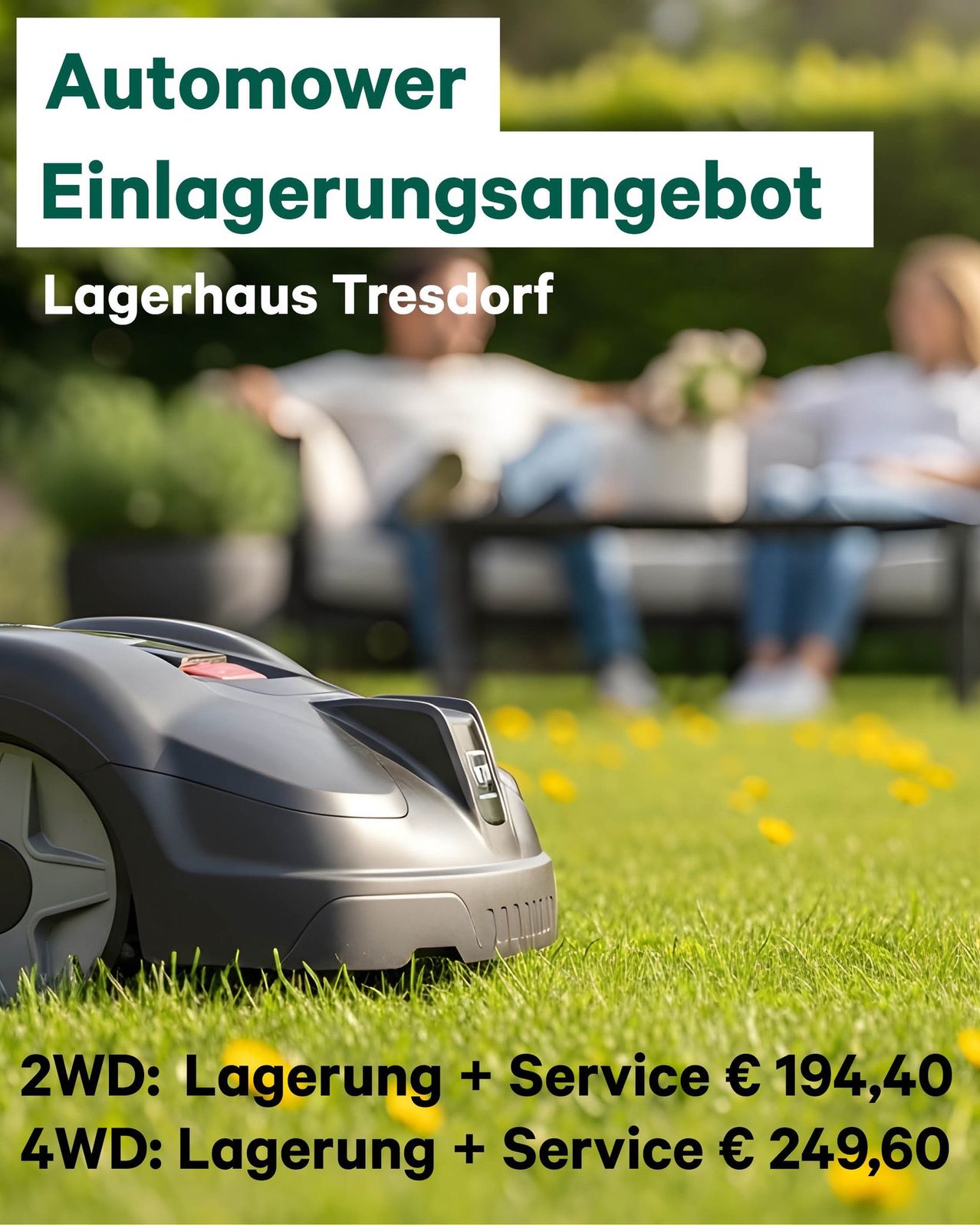 Werbung für einen Rasenmähservice. Im Hintergrund sitzt ein Paar auf einer Couch, während im Vordergrund ein Roboter-Rasenmäher steht. Der Preis beträgt 194,40 €.