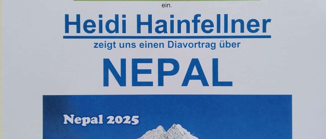Plakat für einen Seniorenabend im Prigglitz Gemeindehaus am 2. Juni 2026. Heidi Hainfellner wird einen Vortrag über Nepal halten.
