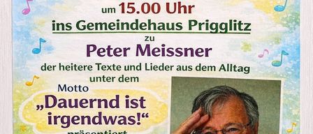 Plakat für einen Senioren-Nachmittag mit Peter Meissner, Text in Deutsch. Datum ist Dienstag, 3. Februar 2026, um 15.00 Uhr. Veranstaltungsort ist das Gemeindehaus Prigglitz.