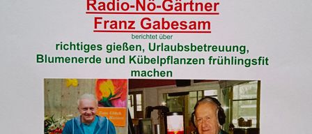 Poster with images of two men. One is holding flowers, the other is sitting with headphones. It reads: 'Tuesday, March 3, 2026 at 3 PM in the Prigglitz community center. Radio-NÖ-Gärtner Franz Gabesam reports on proper watering, plant care, and making spring bulbs.'