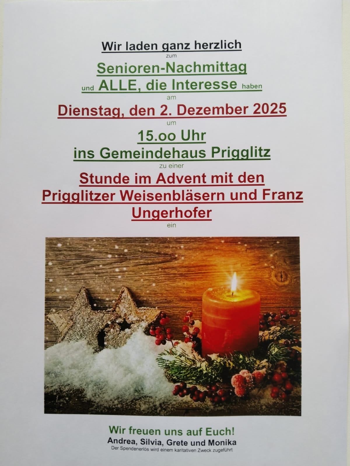 Plakat für einen Seniorennachmittag am 2. Dezember 2025 um 15:00 Uhr im Gemeindehaus Prigglitz. Zeigt eine Kerze, Schneeflocken und Sterne.