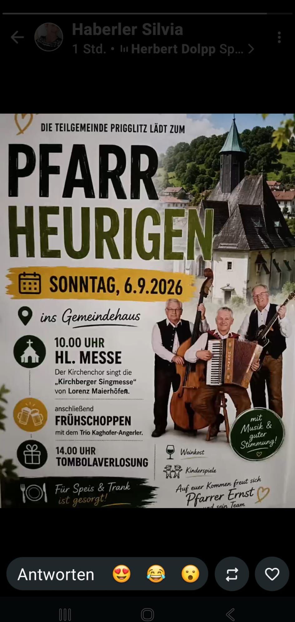 Plakat für eine Kirchenveranstaltung am Sonntag, 6. September 2026. Es zeigt drei Männer, die Musikinstrumente spielen, mit einer Kirche im Hintergrund. Die Veranstaltung umfasst eine Heilige Messe, Chorgesang und eine Weinprobe.