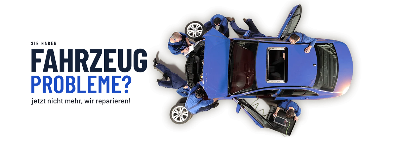 Eine Gruppe von Mechanikern untersucht ein blaues Auto von oben. Der Wagen hat seine Motorhaube und Türen offen. Der Text lautet 'EUG E2? ieren!'.