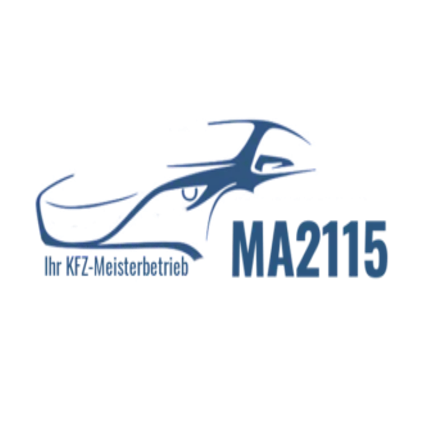 Das Logo von MA2115, einem KFZ-Meisterbetrieb, mit einem stilisierten blauen Auto und dem Text in Blau auf weißem Hintergrund.