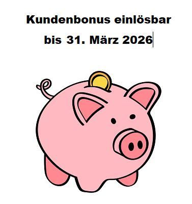 A cartoon pig with a gold coin on top. Text above reads 'Kundenbonus einlösbar bis 31. März 2026'.