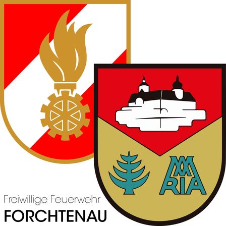 Das Logo der Freiwilligen Feuerwehr Forchtenau zeigt eine Flamme, ein Zahnrad, ein Schloss und die Buchstaben ARIA.