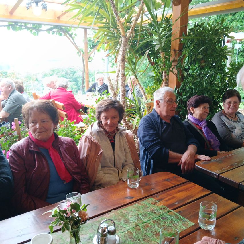 Eine Gruppe älterer Erwachsener sitzt an einem Holztisch in einem Gartenrestaurant, umgeben von Pflanzen und Bäumen.