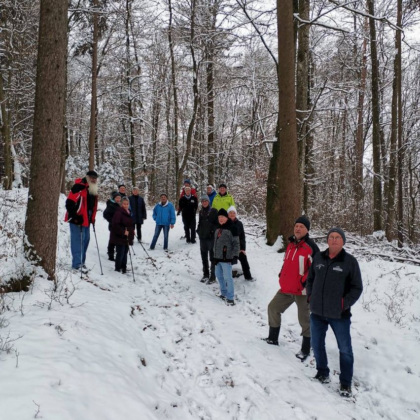 Eine Gruppe von Menschen in Winterkleidung geht im verschneiten Wald. Einige tragen Mützen und benutzen Trekkingstöcke. Sie stehen und unterhalten sich.
