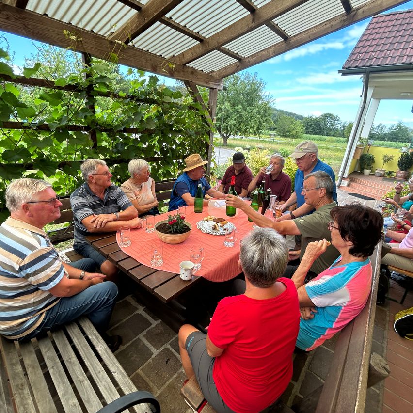 Eine Gruppe älterer Erwachsener sitzt um einen Tisch in einem Garten, einige stoßen mit Gläsern an. Der Tisch ist mit einem roten Tuch bedeckt und hat eine Blumenschale, Teller und Flaschen. Der Garten ist von Grün umgeben und ein Haus ist in der Nähe.