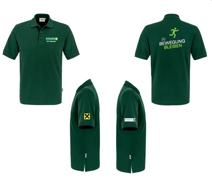 Ein grünes Poloshirt mit Logo und Text auf der Vorder- und Rückseite wird in vier verschiedenen Ansichten gezeigt.