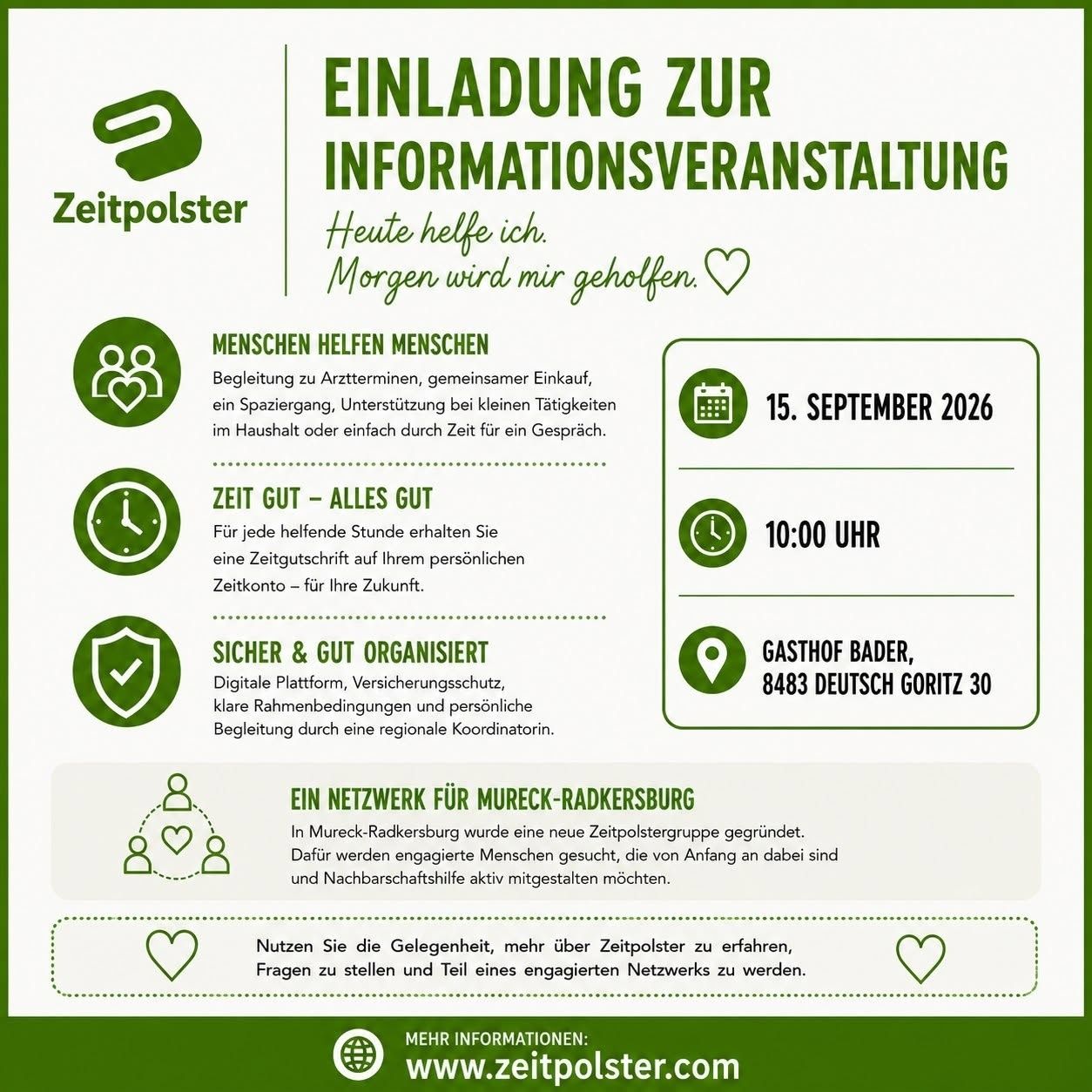 Plakat für eine Informationsveranstaltung über Zeitpolster, eine Zeit-Sharing-Gemeinschaft. Es hebt Vorteile wie Gesellschaft, Sicherheit und Organisation hervor. Die Veranstaltung findet am 15. September 2026 um 10:00 Uhr im Gasthof Bader, 8483 Deutsch Goritz 30 statt.