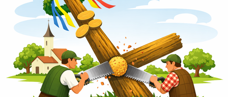 Eine Illustration von zwei Männern, die mit Kettensägen einen Baum mit Bändern und einem Dorf im Hintergrund fällen.