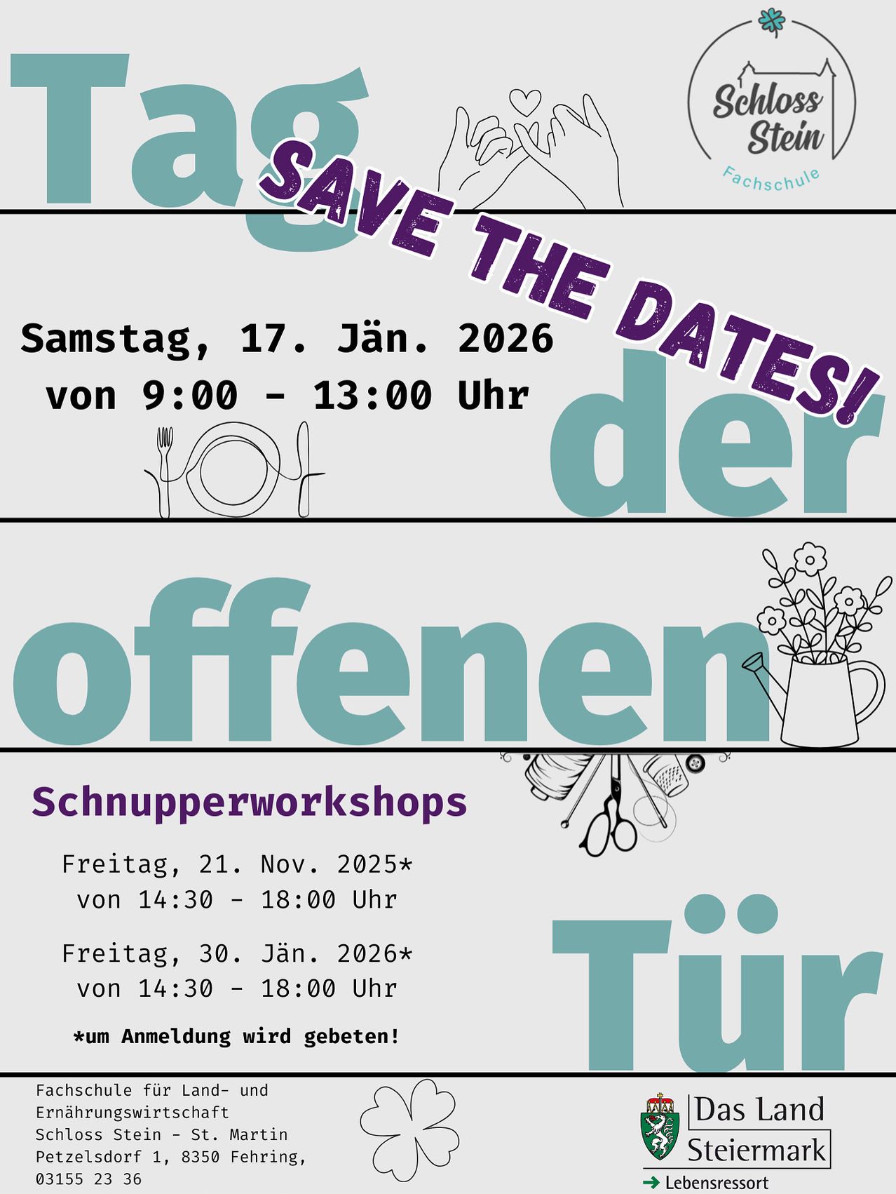 Plakat mit zwei Terminen für offene Tage: 17. Januar 2026, 9:00-13:00 und 21. November 2025, 14:30-18:00. Außerdem eine Anmeldungshinweis.