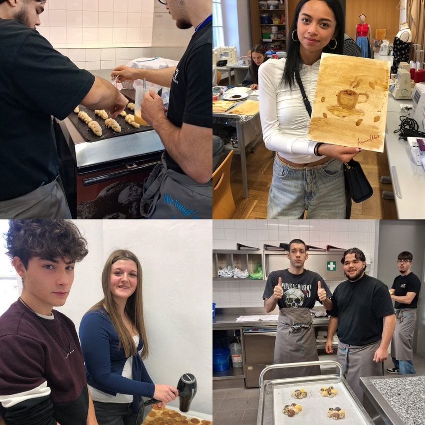 Eine Collage aus vier Fotos von Menschen in einer Küche. Ein Mann bereitet Essen zu, ein anderer hält ein gemalten Kaffee, eine Frau mit einem Lächeln benutzt einen Föhn und drei Männer posieren mit einem Tablett voller Kekse.