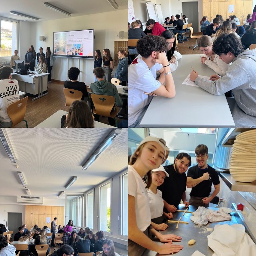 Eine Collage aus vier Bildern, die verschiedene Klassenaktivitäten zeigt. Oben links: Schüler stehen um einen Präsentationsbildschirm. Oben rechts: Schüler sitzen an Tischen und schreiben. Unten links: Eine Gruppe von Schülern sitzt im Klassenzimmer. Unten rechts: Schüler bereiten Essen in einer Küche zu.