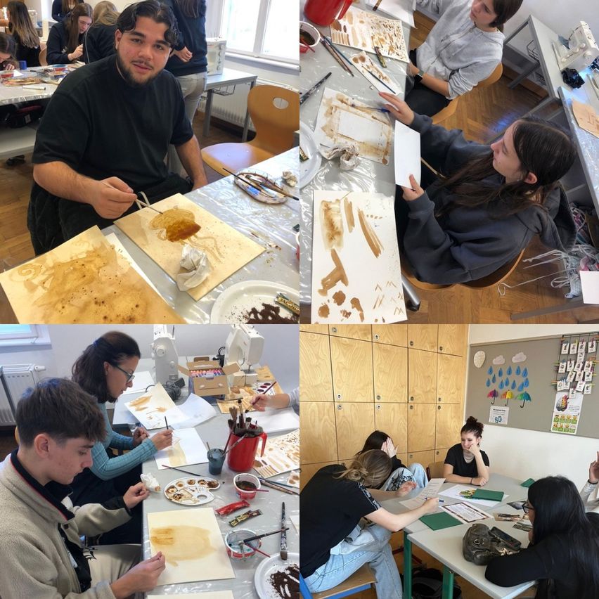 Eine Collage aus vier Bildern zeigt Menschen bei Malaktivitäten. Oben links malt ein Mann auf eine Leinwand. Unten links arbeitet eine Frau an einem Stück. Unten links malt ein Junge und eine Frau. Unten rechts sitzt eine Frau am Tisch.