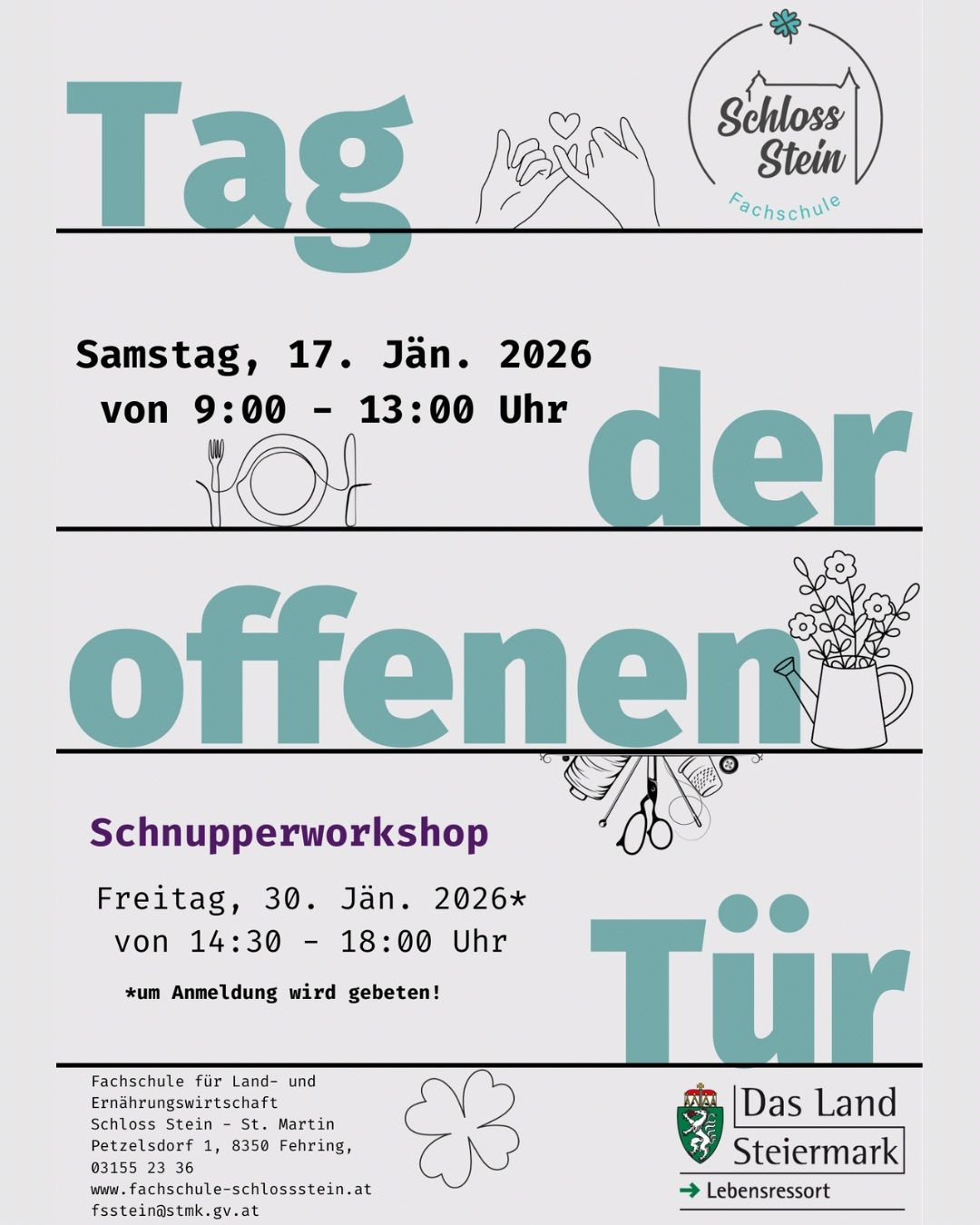 Tag der offenen Tür am 17. Januar 2026 von 9:00 bis 13:00. Knöpfchen-Workshop am 30. Januar 2026 von 14:30 bis 18:00. Anmeldung erforderlich.