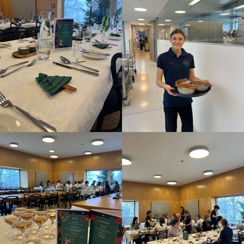 Eine Collage von Bildern zeigt einen gut gedeckten Esstisch, eine Kellnerin mit Essen und einen Speisesaal mit Gästen. Der Tisch hat Besteck, eine Speisekarte und Weingläser. Die Kellnerin trägt ein Tablett mit Essen. Der Speisesaal ist mit Menschen gefüllt, einige sitzen und andere stehen.