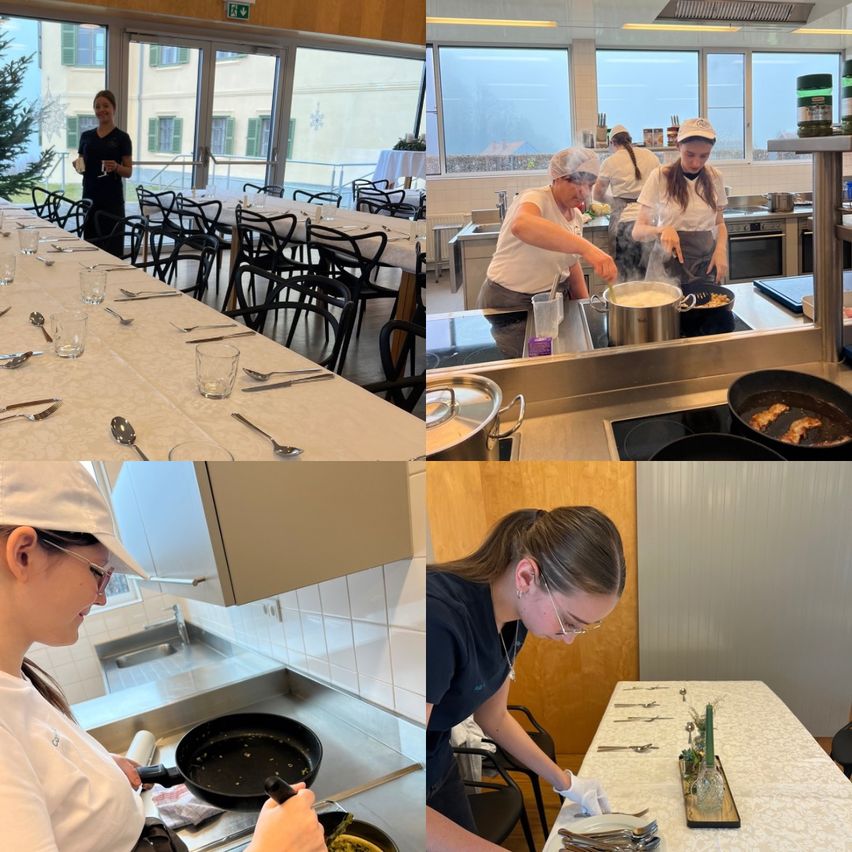 Mehrere Bilder zeigen Menschen in einer Küche und einem Essbereich. Eine Person hält ein Glas, während eine andere kocht. Andere Personen sind beim Arrangieren von Tischen und der Essenszubereitung zu sehen.