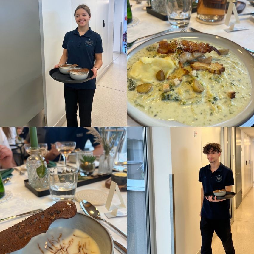 Eine Collage von Bildern, die eine Person in blauer Uniform mit einem Tablett mit zwei Schüsseln, einer Nahaufnahme eines Gerichts mit cremiger Suppe, einer weiteren Person in blauer Uniform mit einem Tablett und einer Schüssel mit Suppe zeigt.