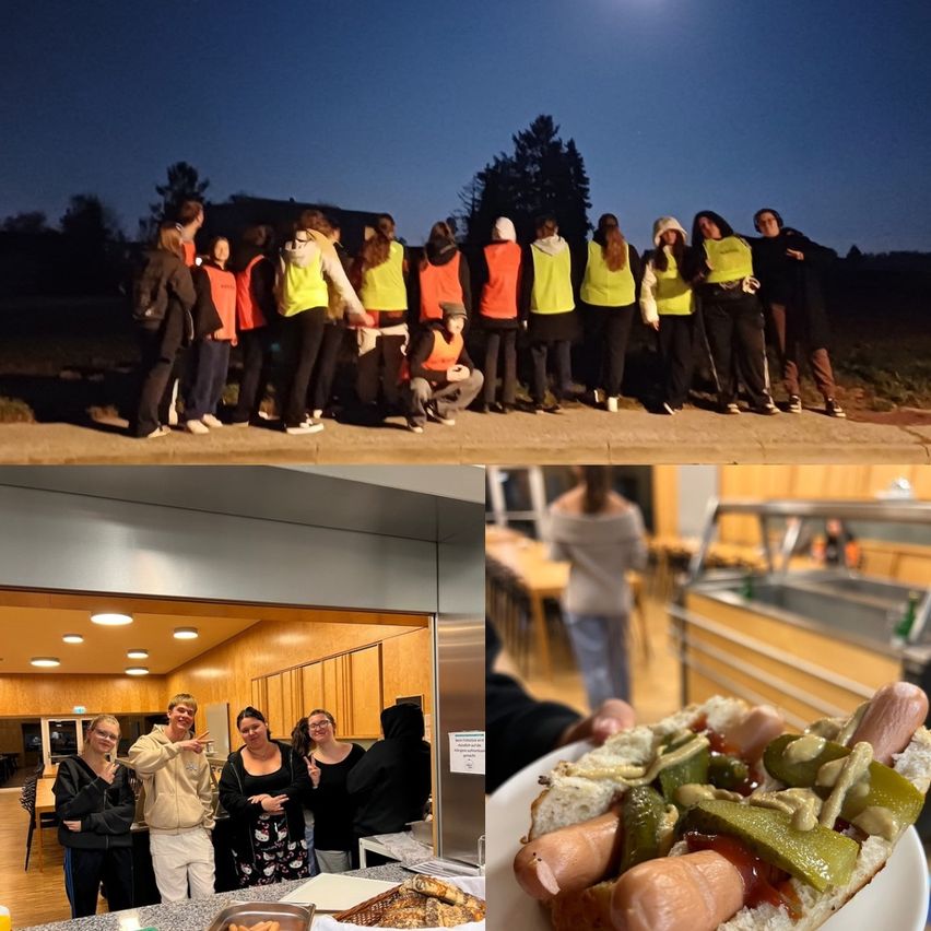 Gruppenfoto bei Nacht, Personen in Warnwesten. Innenansicht einer Küche mit einem Sandwich, Personen posieren.