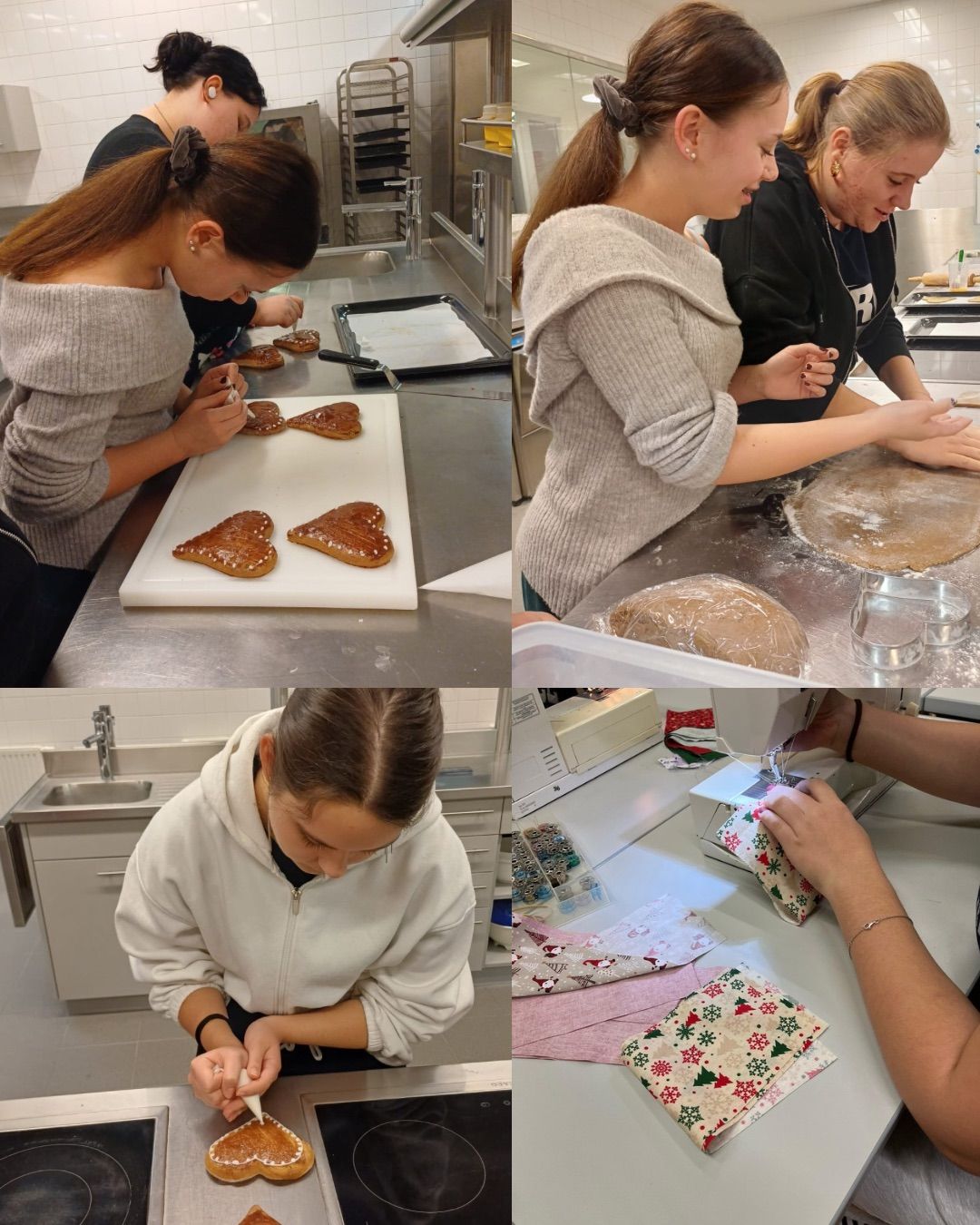 Eine Collage aus vier Bildern, die verschiedene Aktivitäten in einer Küche zeigen. Das erste Bild zeigt eine Frau, die Lebkuchen verziert. Das zweite zeigt zwei Frauen, die Teig ausrollen. Das dritte zeigt eine Frau in einer weißen Kapuzenjacke, die etwas bearbeitet. Das vierte zeigt eine Person, die näht.