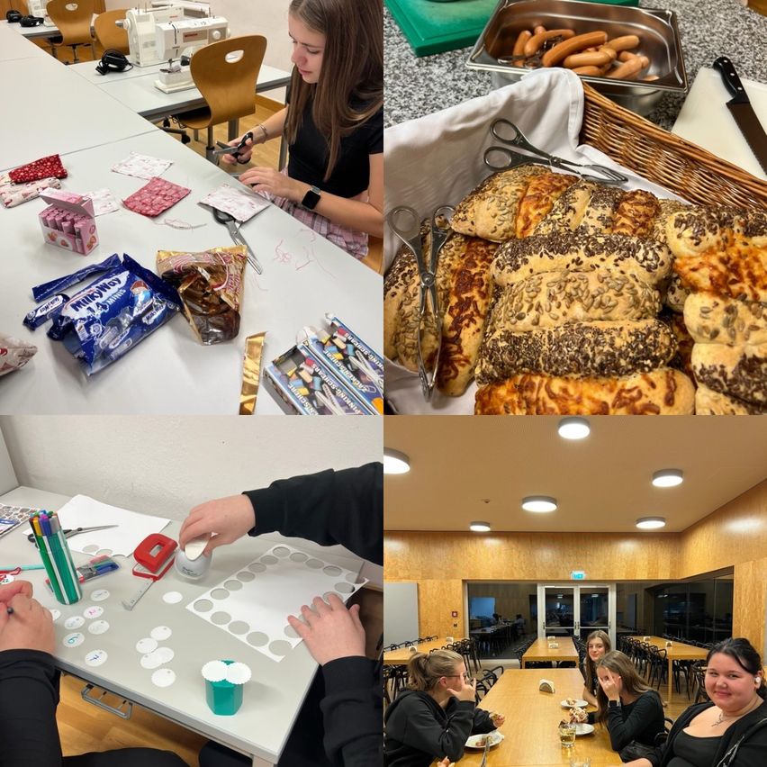 Eine Collage von Bildern zeigt verschiedene Aktivitäten in einem Raum. Ein Bild zeigt eine Person, die Stoff schneidet. Ein anderes zeigt einen Tisch mit verschiedenen Lebensmitteln, einschließlich Brot, Würstchen und Süßigkeiten. Das letzte Bild zeigt Menschen, die an einem Tisch sitzen und essen.