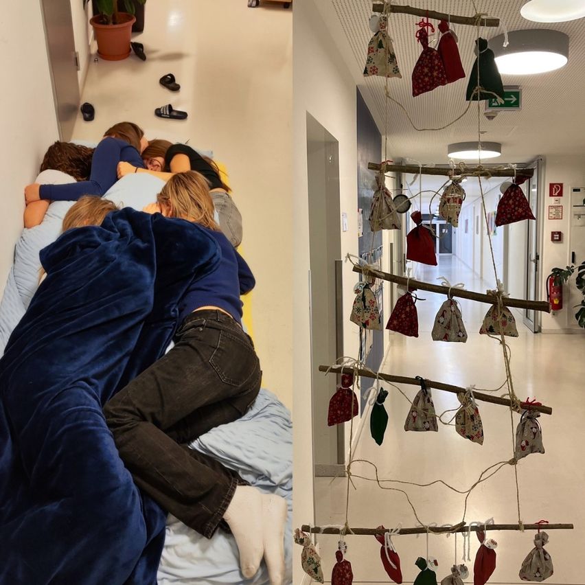 Eine Gruppe von Menschen schläft auf einer Matte in einem Flur. Eine Weihnachtsbaumdekoration hängt an der Wand.