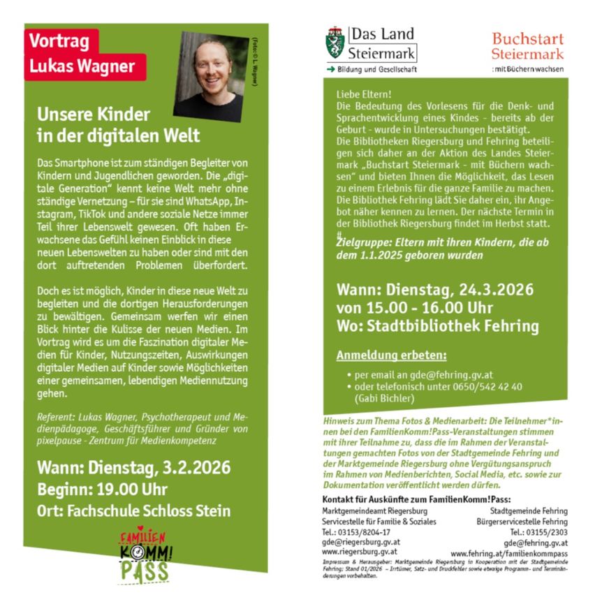 Poster of a lecture by Lukas Wagner on children in the digital world. The digital generation knows no other world than WhatsApp, Instagram, TikTok, and other social networks. The lecture will explore the fascination of digital media for children, its effects, and the challenges of living media use together.