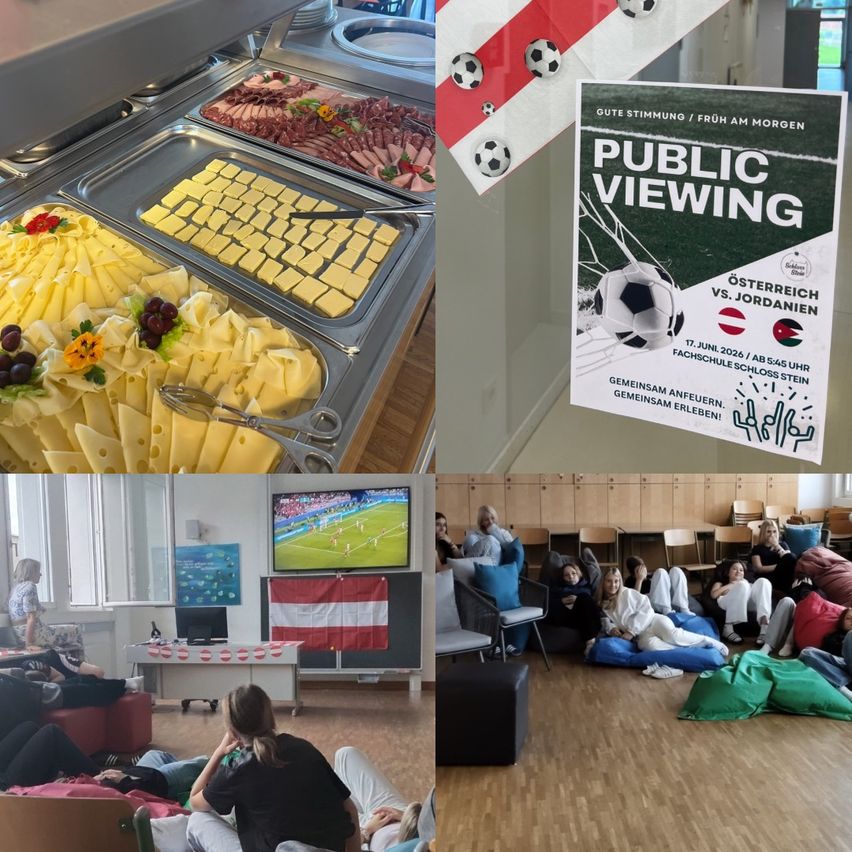 Vier Bilder zeigen ein Essensbuffet, ein Fußballspiel und Leute, die ein Fußballspiel im Fernsehen sehen.
