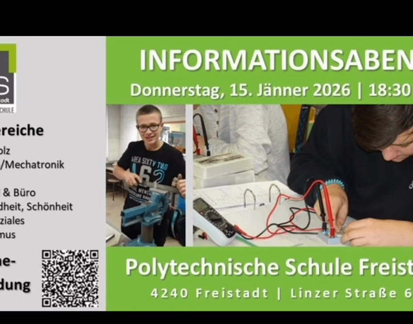 Plakat für eine Informationsveranstaltung über Elektronik und Schönheit mit zwei Personen, die an einer Maschine arbeiten und einem QR-Code. Geplant für den 15. Januar 2026 um 18:00 Uhr an der Polytechnischen Schule in Freistadt, Linzer Strasse.