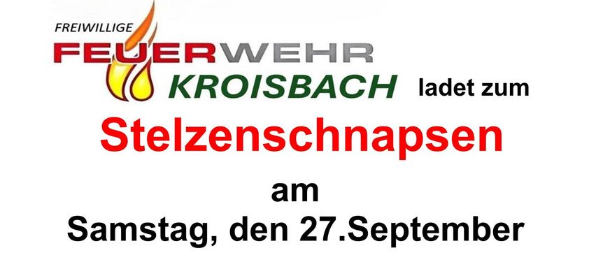 Eine Einladung zum Stelzenschnapsen im Rusthaus Kroisbach am Samstag, den 27. September, Beginn um 16 Uhr. Ein gebratenes Fleischgericht und Karten sind abgebildet.
