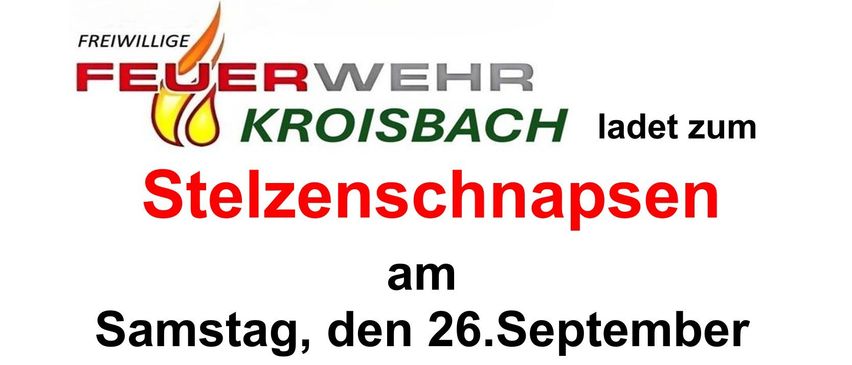 Poster advertising Stelzenschnapsen event on September 26th at Rusthaus Kroisbach. Features a card game and a roasted meat dish. Starts at 4 PM.