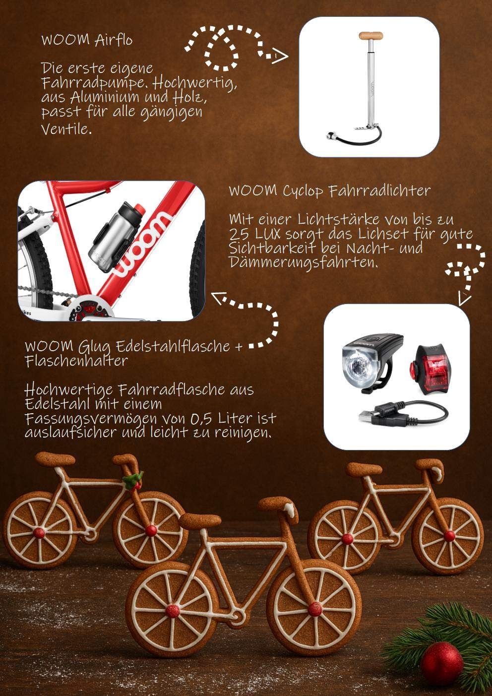 Ein rotes Fahrrad mit einer Flasche am Halter. Darunter eine Beschreibung eines WOOM Cyclop Fahrradlichts mit einer Kapazität von bis zu 25 LUX. Darunter eine weitere WOOM-Produktbeschreibung, eine Fahrradlampe aus Edelstahl mit einem Fassungsvermögen von 0,5 Litern. Darunter Lebkuchenfahrräder.