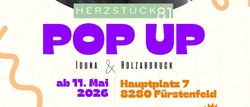 Plakat mit zwei Personen, Idun und Holzabdruck, die lächelnd für ein Foto posieren. Der Plakattext sagt 'Wir lieben es, POP UP zu machen' mit Datum und Ort. Das Plakat enthält eine Website-Adresse.