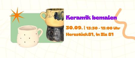 Zwei Keramikbecher mit dekorativen Designs werden auf weißem Hintergrund gezeigt. Der Text lautet 'Keramik bemalen' und gibt Datum und Uhrzeit an.