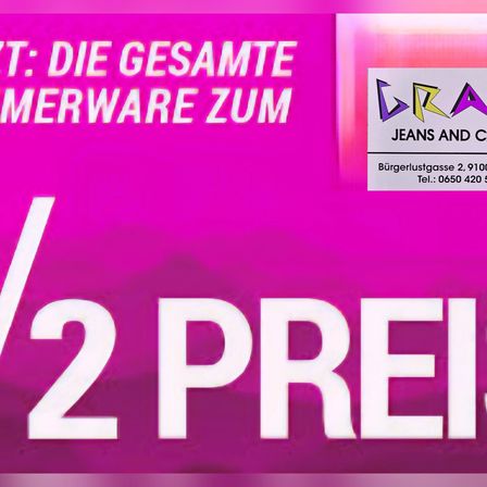 Ein Werbeplakat für GRA Jeans und Co. Es steht 'Die gesamte Sommerware zum 2 Preisen'. Kontaktinformationen werden auf der rechten Seite angezeigt.
