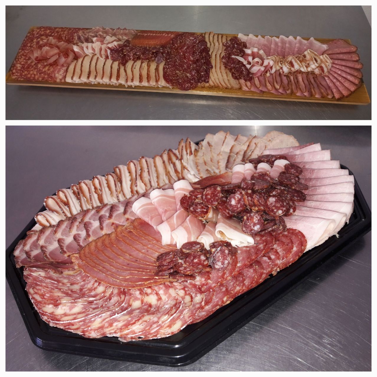 Zwei Bilder zeigen eine Charcuterie-Platte mit einer Vielzahl von Fleischsorten, darunter geschnittener Schinken, Salami und andere Wurstwaren. Die Platte ist in einer kreisförmigen Form auf einem schwarzen Tablett angeordnet.