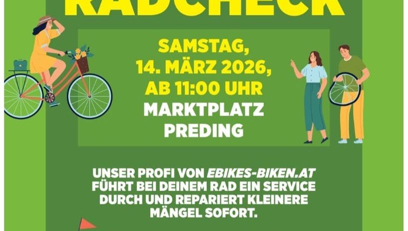Plakat für eine kostenlose Fahrradinspektion am 14. März 2026 auf dem Marktplatz von Preding. Es zeigt eine Illustration einer Frau, die ein Fahrrad fährt, und zwei Personen, die ein Fahrrad überprüfen. Es wird angegeben, dass ein Fachmann kleinere Probleme sofort repariert. E-Bike-Testfahrten sind möglich.