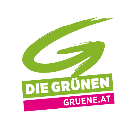 Das Logo der Partei Die Grunen zeigt einen grünen Pfeil, der nach oben gerichtet ist. Der Text 'Die Grunen' steht in fetten grünen Buchstaben. Darunter befindet sich 'gruene.at' in kleinerer pinker Schrift.