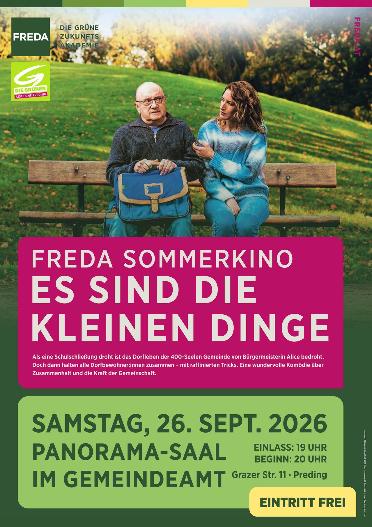 An elderly man and woman sit on a bench in a park, holding hands. The man holds a blue bag. A pink banner with white text reads 'Freda Sommerkino es sind die kleinen Dinge'. The image is an advertisement for an event on September 26, 2026.