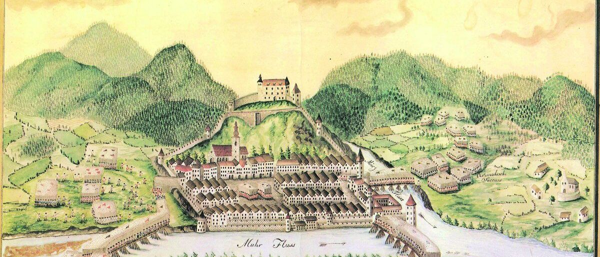 Ein Luftbild der historischen Stadt Krems mit einer Burg, einer Brücke und einem Fluss. Die Stadt ist von Hügeln und Wäldern umgeben, Zelte und Menschen deuten auf ein militärisches Lager hin. Das Bild enthält eine deutsche Beschriftung am unteren Rand.