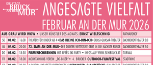 Das Bild listet verschiedene Veranstaltungen für den Februar 2020 auf. Jede Veranstaltung enthält Datum, Uhrzeit, Name, Veranstaltungsort und eine kurze Beschreibung. Die Veranstaltungen reichen von Theater für Kinder, Filmvorführungen, musikalischen Darbietungen bis hin zu Yoga-Kursen und Vorträgen.